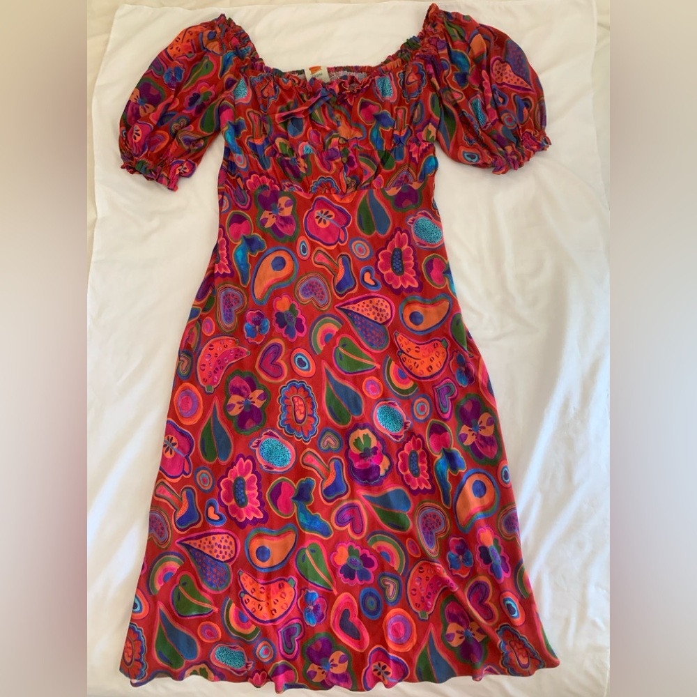 FARM Rio NWT Lisa Printed Crepe Smocked Puff Sleeve Midi Dress XL